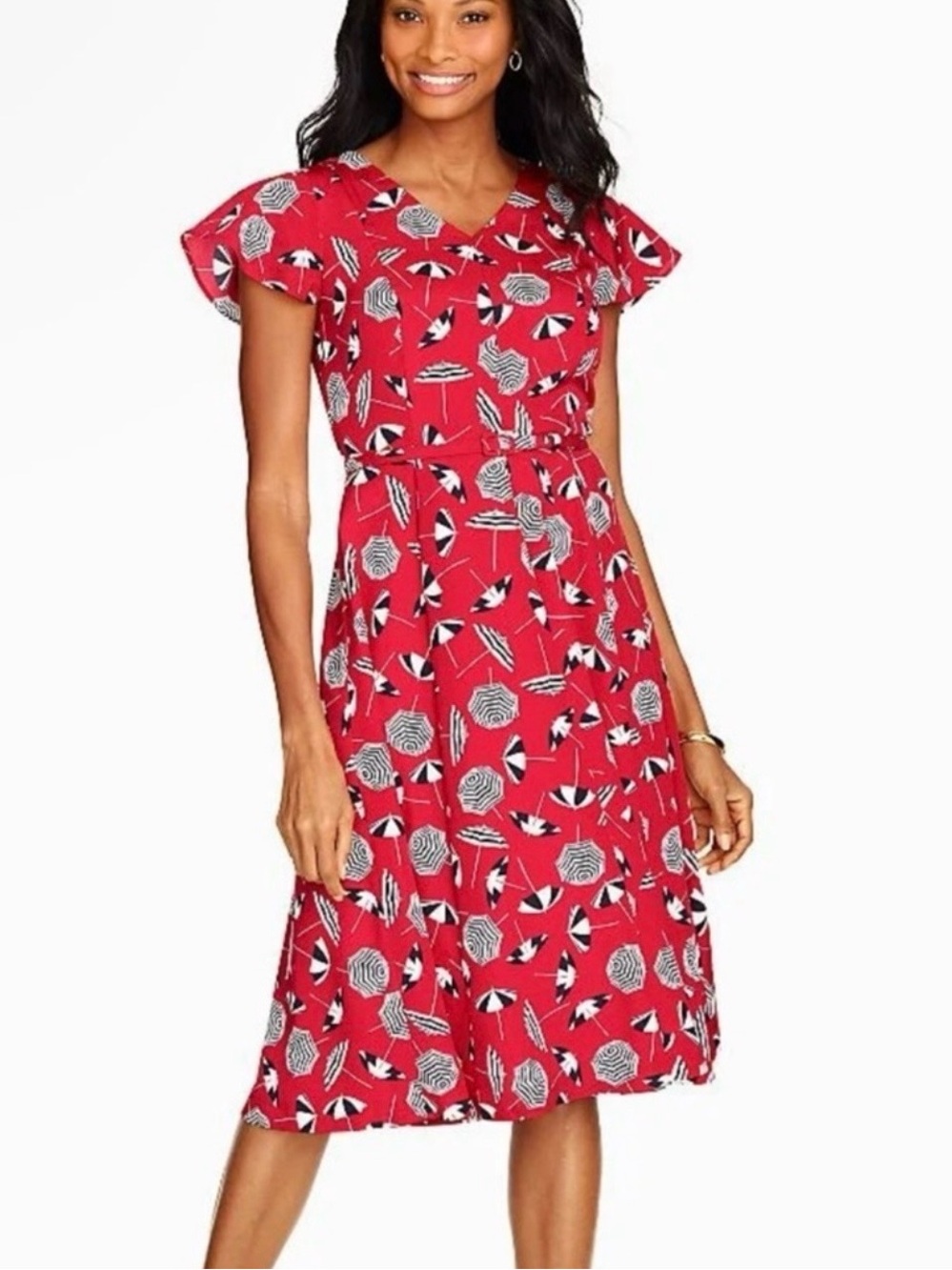 NWT Talbots Beach Umbrella Flounce Midi Red Black Dress Flutter Sleeve, Size 2P